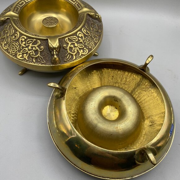 Vintage Ornate Brass Ashtrays: Mid Century Oriental Decor, Set of 2 - Picture 7 of 9